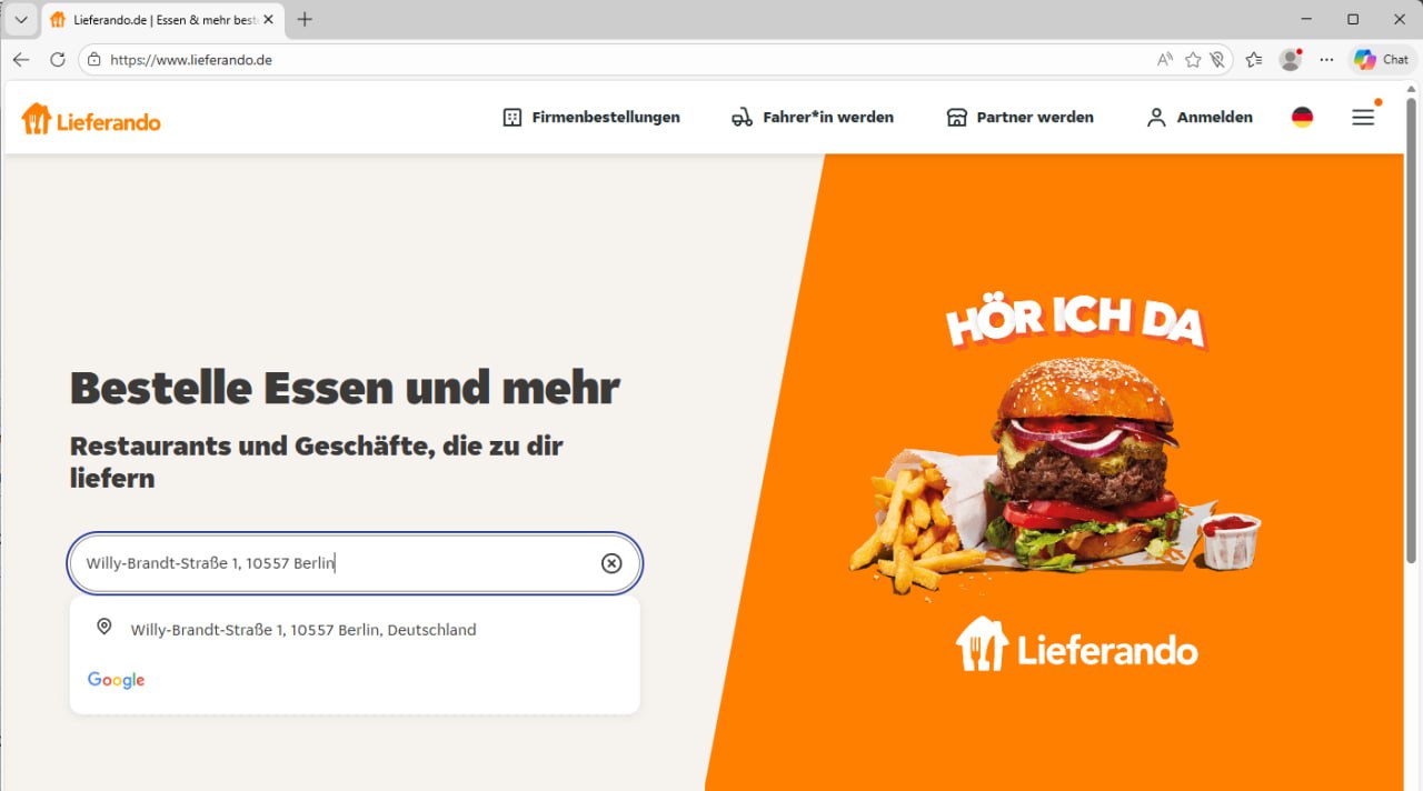 Schritt 1: Lieferando Startseite mit eingegebener Adresse öffnen